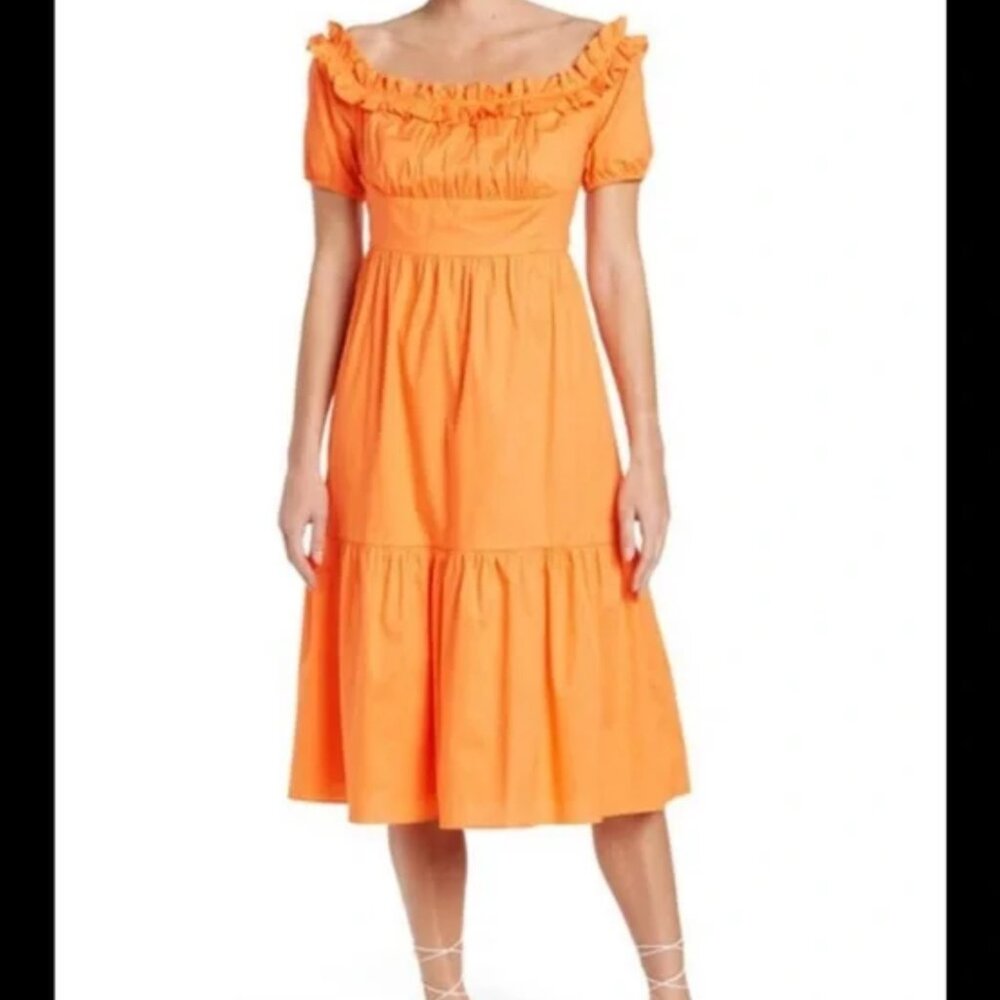 BCBG Generation Peasant Ruffled Edge Tiered Midi Dress Sz 8 BOHO